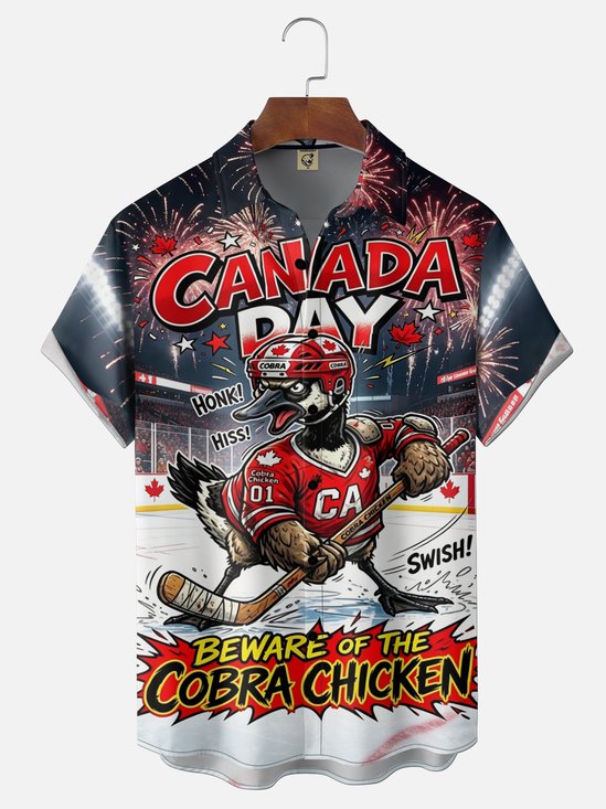 Moisture-Wicking "Canada Day" Hockey Goose  Holiday Chest Pocket Hawaiian Shirt
