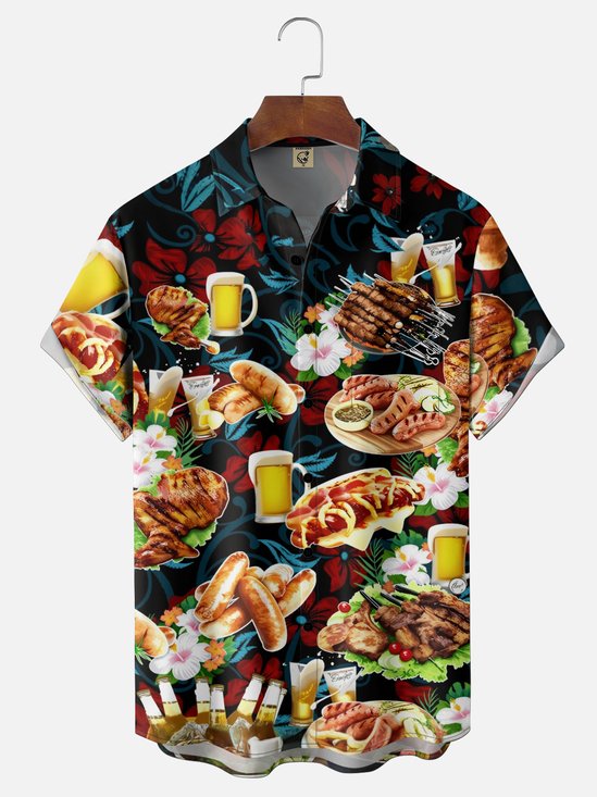 Moisture-Wicking  Gradient Tropical Botanical BBQ Hot Dog & Cheese Pizza Print Chest Pocket Hawaiian Shirt