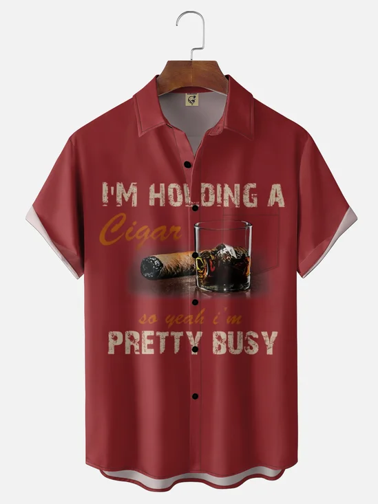 Moisture-Wicking Humorous & Funny Cigar And Wine Glass Slogan Chest Pocket Hawaiian Shirt