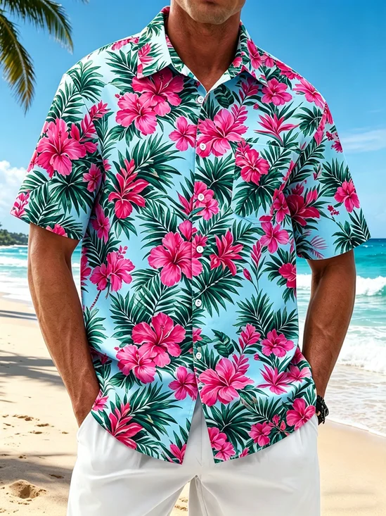 Linen-Texture Tropical Floral Print Chest Pocket Hawaiian Shirt
