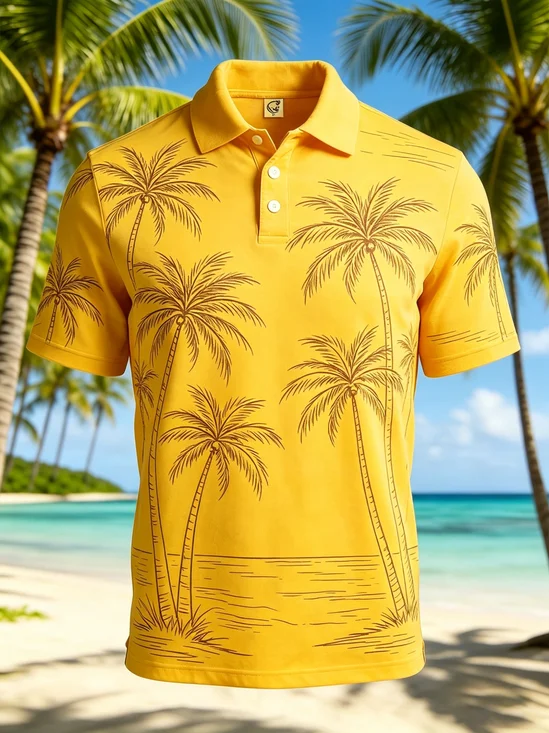 Moisture-Wicking Abstract Coconut Tree Line Art Short-Sleeve Hawaiian Golf Polo