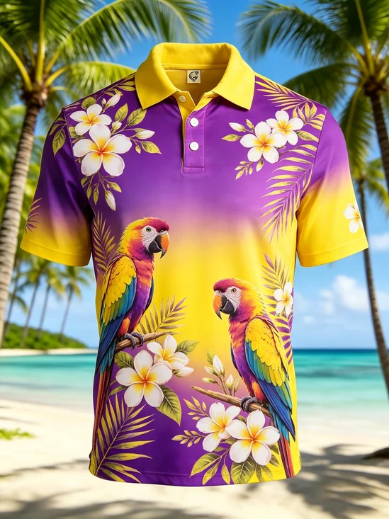 Moisture-Wicking Gradient Leaf & Parrot Short-Sleeve Hawaiian Golf Polo