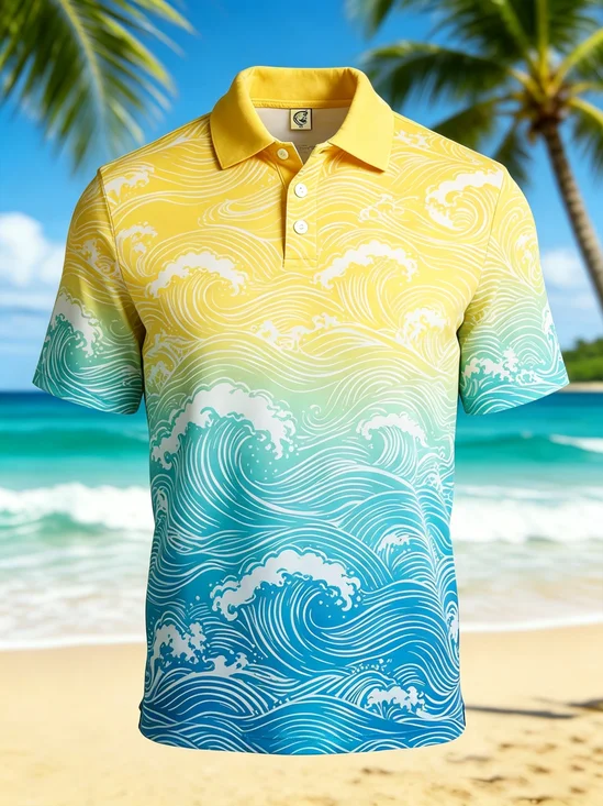 Moisture-Wicking Ombré Ocean Wave Short-Sleeve Hawaiian Golf Polo