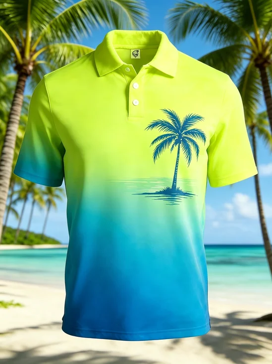 Moisture-Wicking Gradient Palm Tree Short-Sleeve Hawaiian Golf Polo