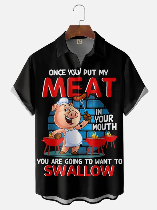 Moisture-Wicking Humorous BBQ Pig Slogan Chest Pocket Hawaiian Shirt