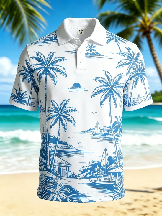 Moisture-Wicking Line-Art Coconut Tree & Sailboat Short-Sleeve Hawaiian Golf Polo
