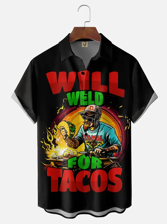 Moisture-Wicking, Humorous Welder & Taco Slogan Chest Pocket  Hawaiian Shirt