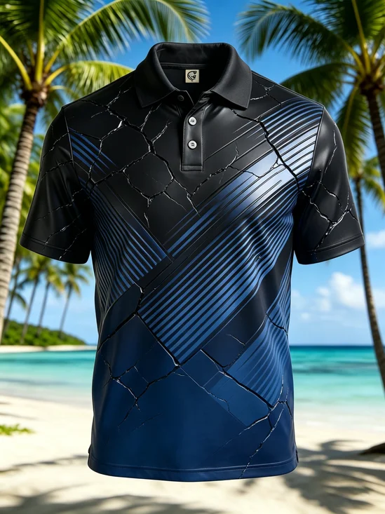 Moisture-Wicking 3D Gradient Abstract Crack Geometric Short-Sleeve Hawaiian Golf Polo