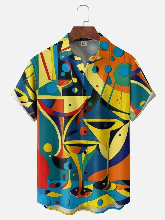 Moisture-Wicking Medieval-Style Geometric Color-Block Cocktail Chest Pocket Hawaiian Shirt