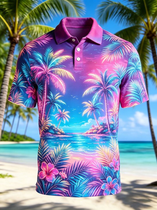 Moisture-Wicking Neon Coconut Tree & Tropical Plant Short-Sleeve Hawaiian Golf Polo