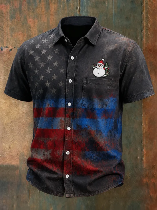 Moisture-wicking Christmas Snowman Independent Day American Flag Chest Pocket Patriotic Holiday Shirt