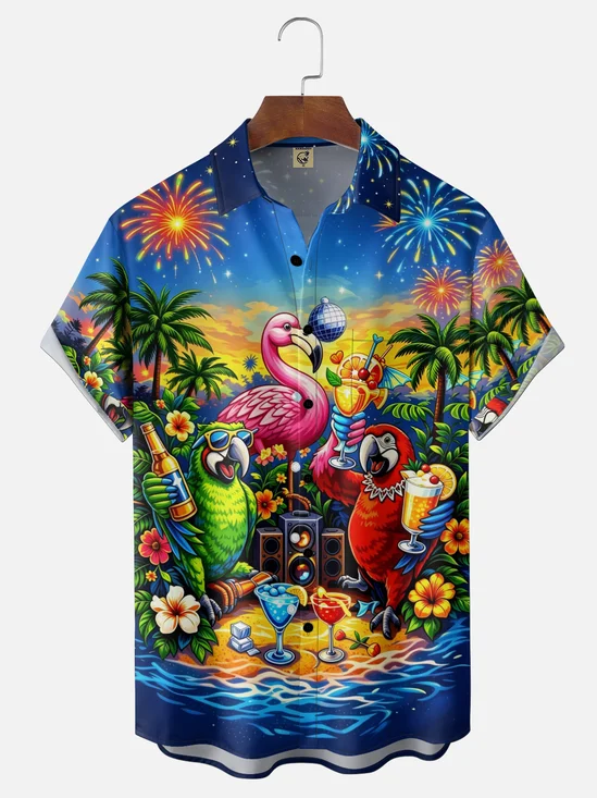 Moisture-Wicking Tropical Beach Parrot & Flamingo Holiday Print with Chest Pocket Hawaiian Shirt