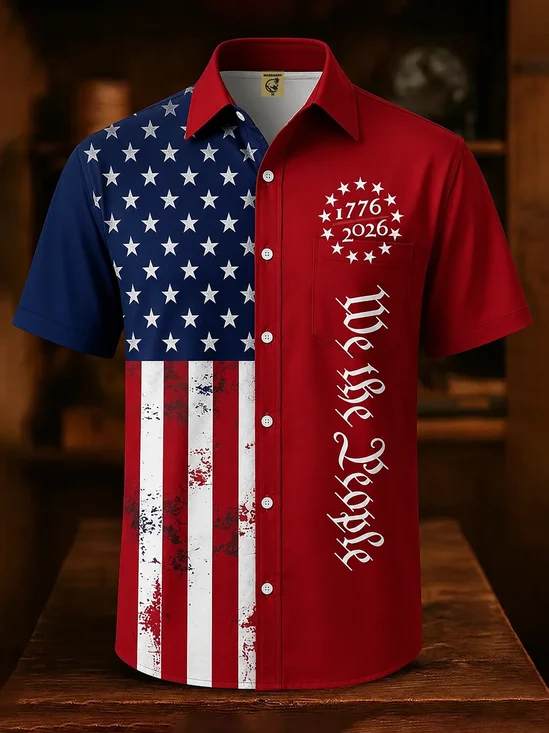 Moisture-wicking 250th Anniversary Independent Day American Flag USA Freedom Chest Pocket Patriotic Shirt