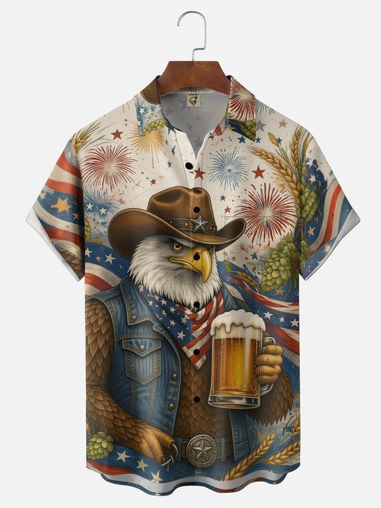 Moisture-Wicking USA 1776 Independence Day Flag Denim Bald Eagle Beer Holiday Chest Pocket Hawaiian Shirt