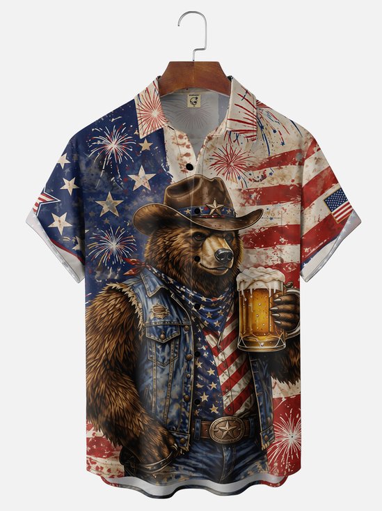 Moisture-Wicking USA 1776 Independence Day Flag Bear Beer Holiday Chest Pocket Hawaiian Shirt