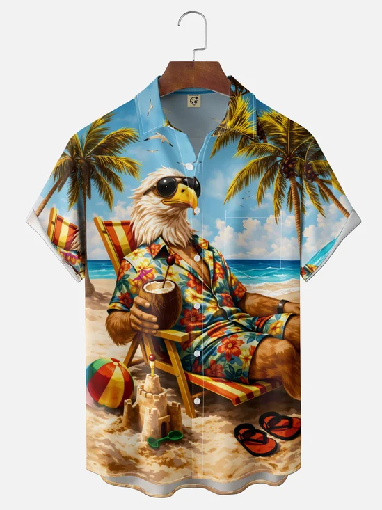 Moisture-Wicking Tropical Beach Vacation Bald Eagle Chest Pocket Hawaiian Shirt