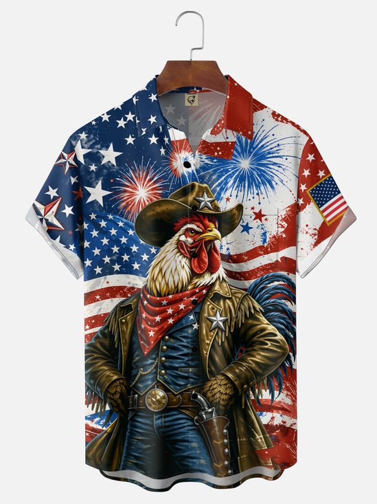Moisture-Wicking USA 1776 Independence Day American Flag Denim Bald Eagle Holiday Chest-Pocket Hawaiian Shirt
