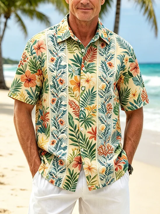 Linen-Texture Botanical Print Chest Pocket Holiday Hawaiian Shirt