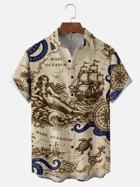 Moisture-Wicking Gradient Map Mermaid Turtle Sailboat Print Chest Pocket Hawaiian Shirt