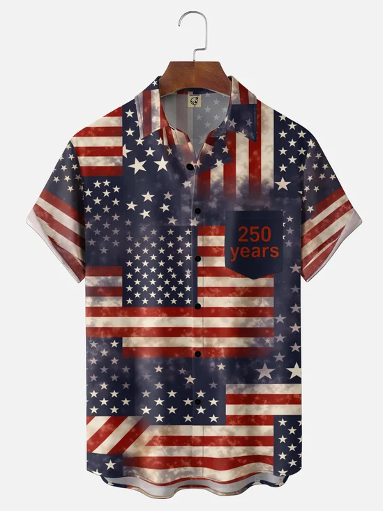 Moisture-Wicking 250th Independence Day Commemorative Abstract Gradient American Flag & Eagle Design Chest Pocket Hawaiian Shirt