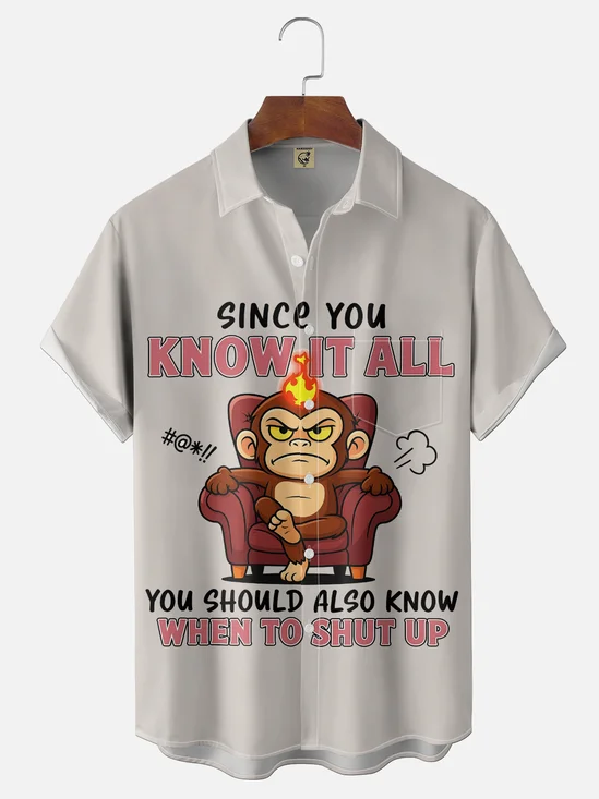 Moisture-Wicking Humorous Monkey Slogan Chest Pocket Hawaiian Shirt