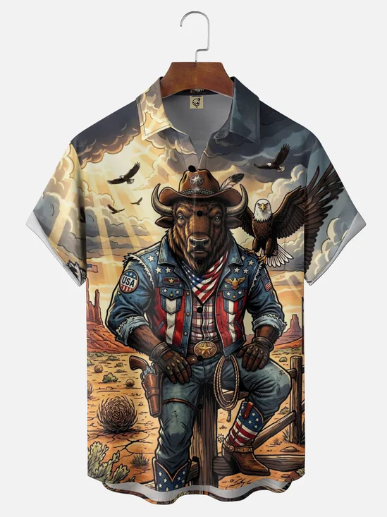 Moisture-Wicking USA Flag Independence Day Denim Chest Pocket Holiday Hawaiian Shirt