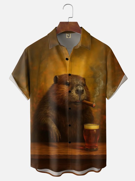 Moisture-Wicking  Canada Day Gradient Design featuring Beaver Cigar Beer Hawaiian Shirt with Chest Pocket —