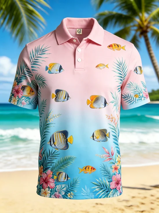 Moisture-Wicking Gradient Leaf Floral And Fish Pattern Short-Sleeve Hawaiian Golf Polo
