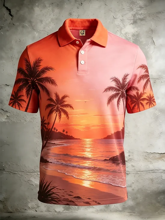 Moisture-Wicking Gradient Sunset Seascape & Palm Tree Short-Sleeve Hawaiian Golf Polo
