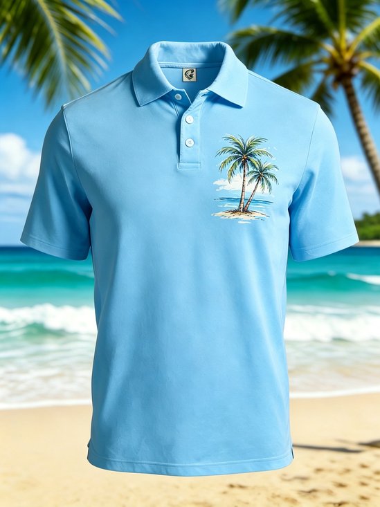 Moisture-Wicking Tropical Plants & Coconut Tree Short-Sleeve Hawaiian Golf Polo