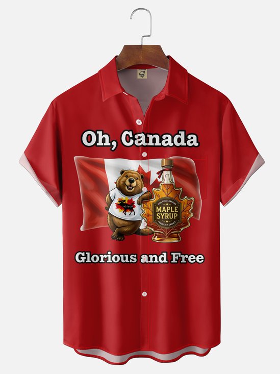 Moisture-Wicking Canada Day Beaver Maple Leaf Maple Syrup Slogan Design Chest Pocket Hawaiian Shirt
