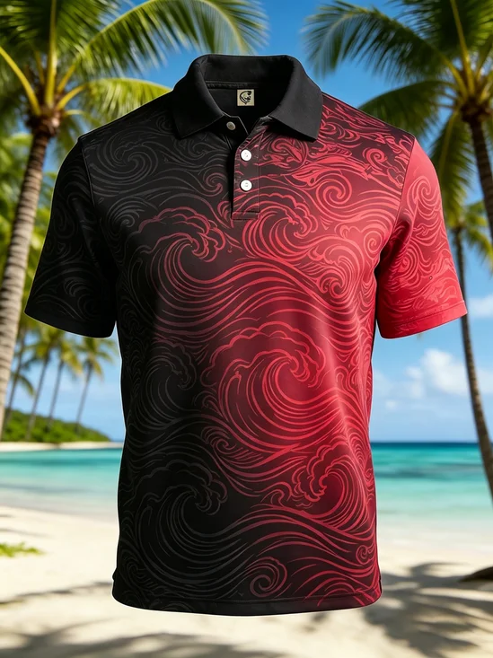 Moisture-Wicking Ombré Ocean Wave Short-Sleeve Hawaiian Golf Polo