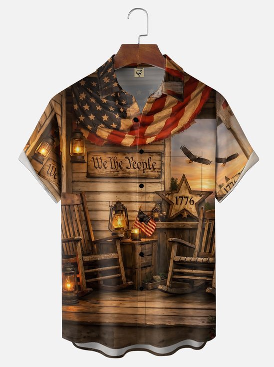 Moisture-Wicking  USA 1776 Independence Day Flag Design Chest Pocket Hawaiian Shirt