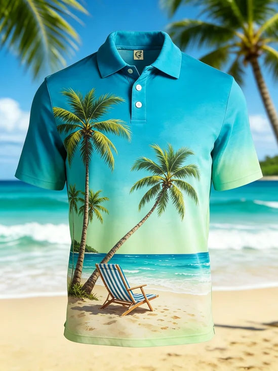 Moisture-Wicking Gradient-Color Tropical Botanical & Coconut Tree Pattern  Short-Sleeve Hawaiian Golf Polo