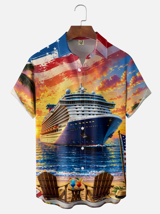 Moisture-Wicking Tropical American Seascape Cruise Chest Pocket Holiday Hawaiian Shirt