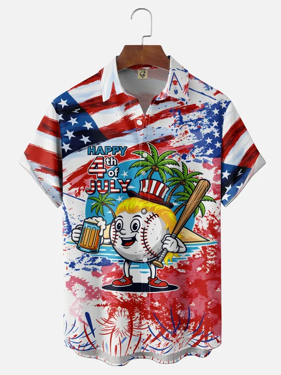 Moisture-Wicking Independence Day American Flag Beer Baseball Chest Pocket Holiday Hawaiian Shirt