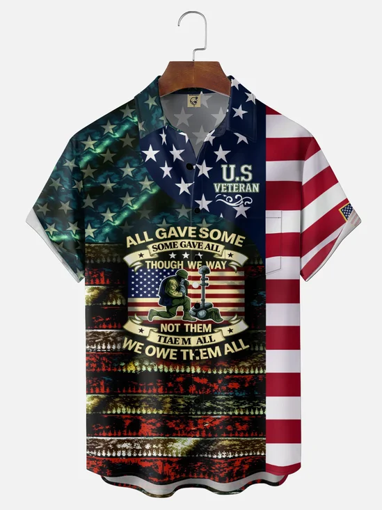 Moisture-Wicking Independence Day featuring A Gradient American Flag Veteran Slogan Chest Pocket Hawaiian Shirt