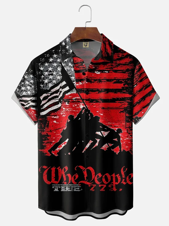 Moisture-Wicking USA Flag Independence Day Declaration Holiday Chest Pocket Hawaiian Shirt