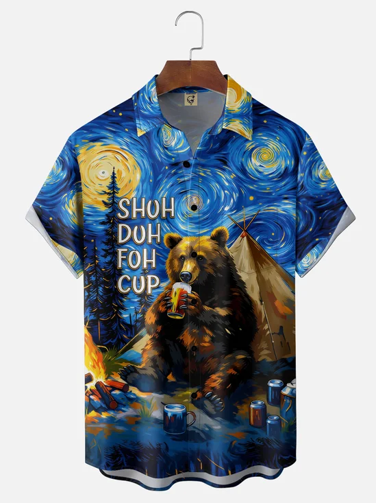 Moisture-Wicking SHOH DUH FOH CUP Fun Beer Bear Chest Pocket Holiday Hawaiian Shirt