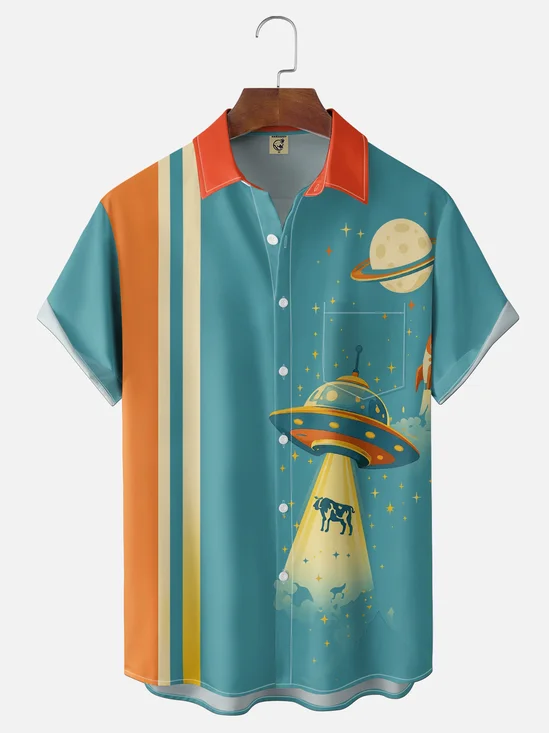 Moisture-Wicking "UFO Abducting a Cow" Holiday Chest Pocket Bowling Shirt