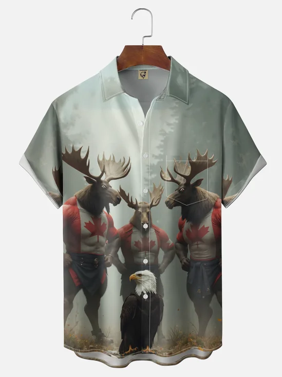Moisture-Wicking Canada Day Maple Leaf Flag Moose and Bald Eagle Chest Pocket Holiday Hawaiian Shirt