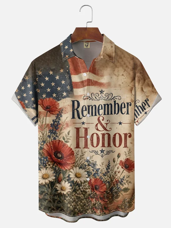 Moisture-Wicking Patriotic American Flag Floral Chest Pocket Holiday Hawaiian Shirt