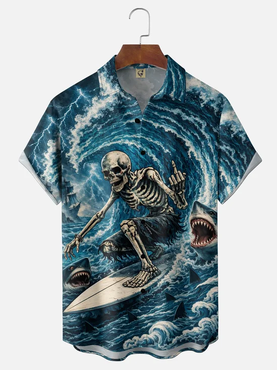 Moisture-Wicking Surfing Shark Skull Chest Pocket Holiday Hawaiian Shirt