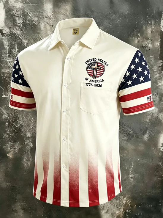 Moisture-wicking 250th Anniversary Independent Day American Flag USA Freedom Chest Pocket Patriotic Shirt