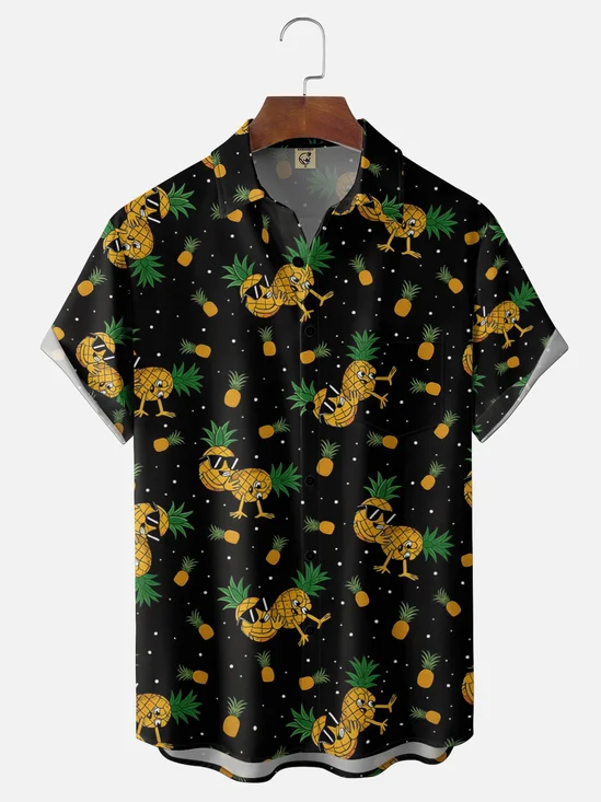 Moisture-Wicking Gradient Fruit & Fun Pineapple Man Chest Pocket Hawaiian Shirt