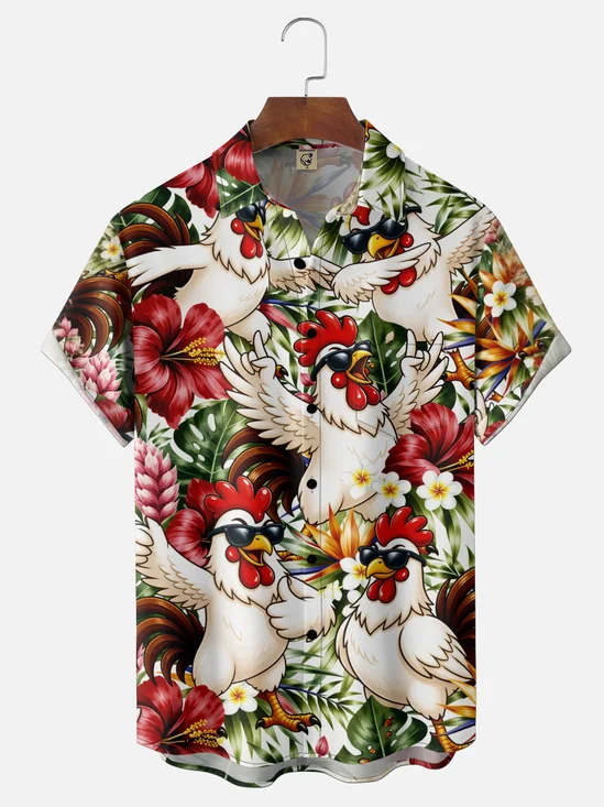 Moisture-Wicking  Gradient Tropical Floral & Leaf Chest Pocket Hawaiian Shirt