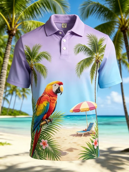 Moisture-Wicking Gradient Tropical Leaf & Parrot Print Short-Sleeve Hawaiian Golf Polo