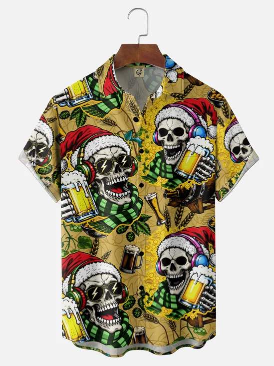 Moisture-Wicking Christmas In July Santa Hats Skulls Beer Pattern Chest Pocket Hawaiian Shirt