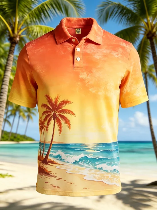 Moisture-Wicking Gradient Tropical Botanical & Coconut Tree Beach Short-Sleeve Hawaiian Golf Polo