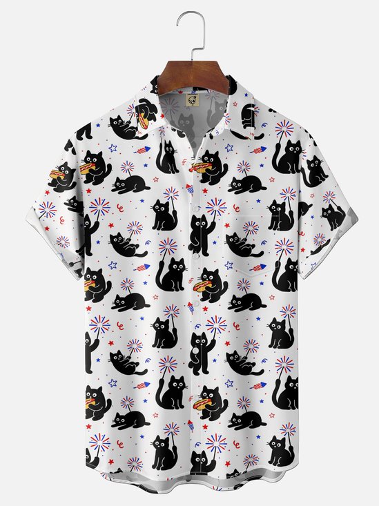 Moisture-Wicking Ombré American Flag Black Cats Hot Dogs And Fireworks Chest Pocket Hawaiian Shirt